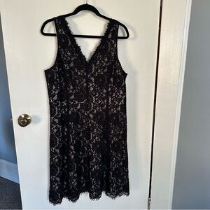 Loft Elegant Black Lace Dress Size 14 V Neck Above Knee Formal